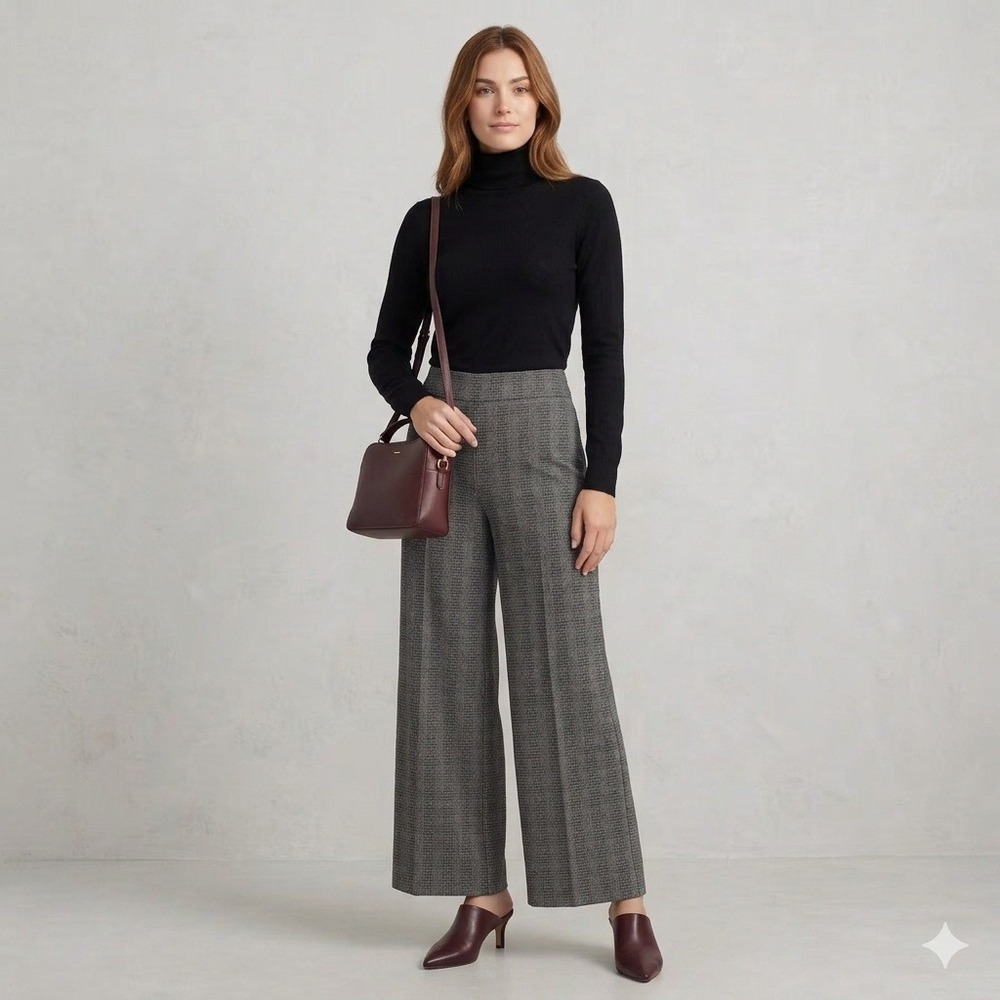 Josef Ribkoff Wide Leg Pants Stretch Knit Women 12 Gray Glen Plaid Pull On